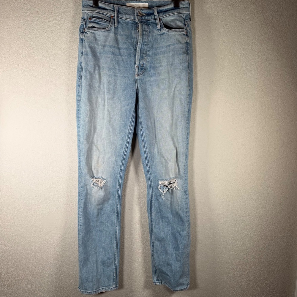 Mother The Button Fly Dazzler Ankle Jeans Distressed Light Blue 25 1636-259